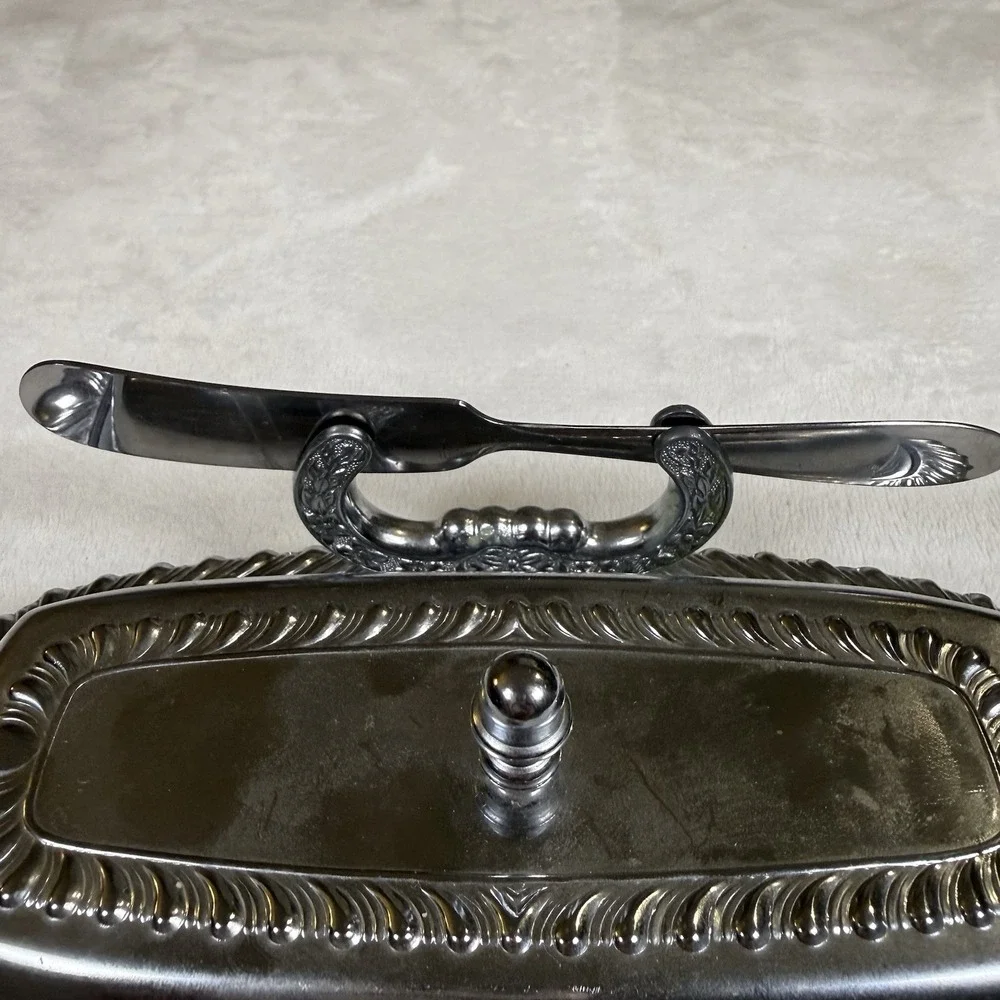 Vintage Irvinware USA Chrome Butter Dish Glass Insert Lid Knife Spreader